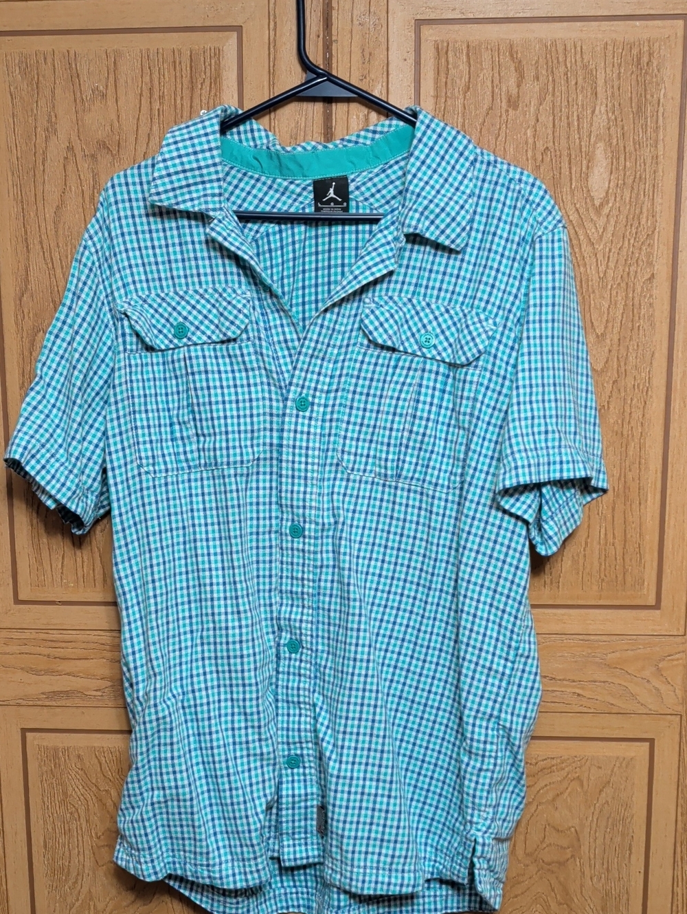 Jordan Teal and White Checked Short-Sleeve Button-Down Shirt
